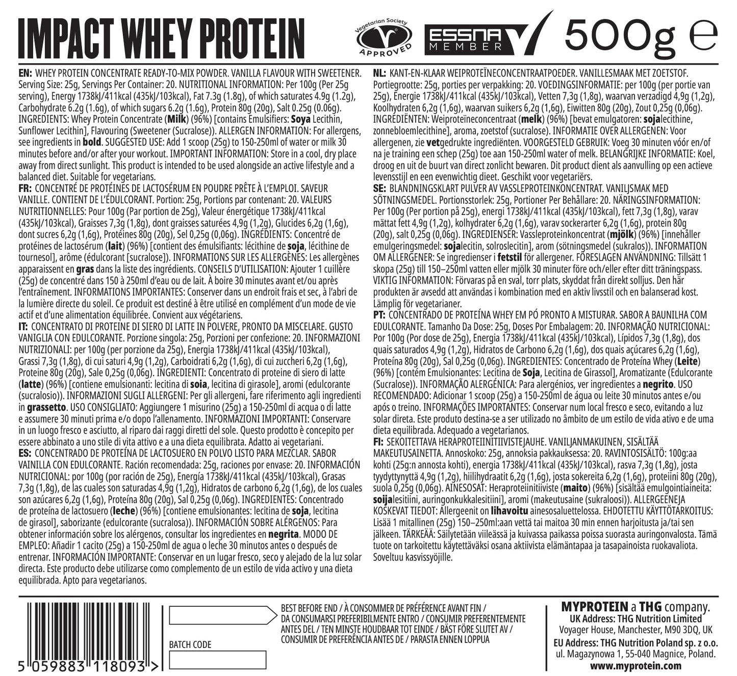 MyProtein Impact Whey Protein Powder – Vanilla Flavour – 500g, 23g of Protein per Serving, Supports Muscle Building, Recovery & Lean Muscle Maintenance – 16 Servings