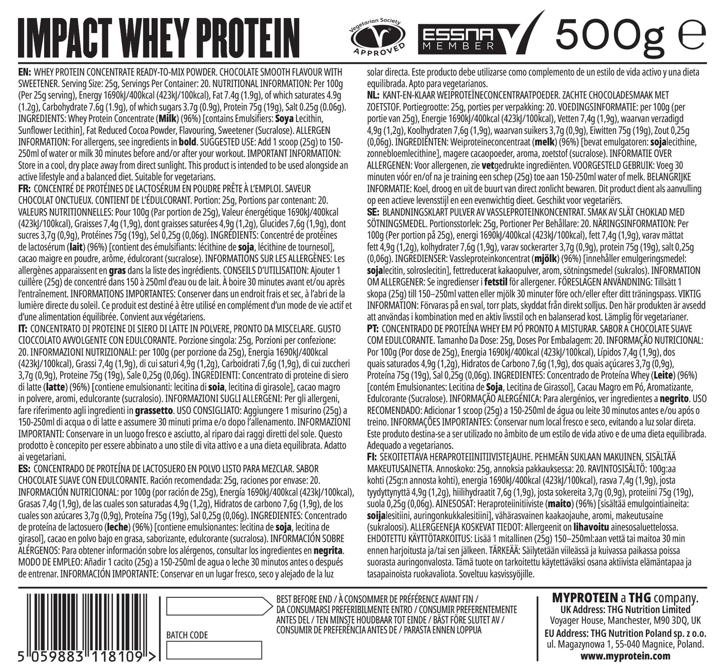 MyProtein Impact Whey Protein Powder – Chocolate Smooth Flavour – 500g, 23g o...