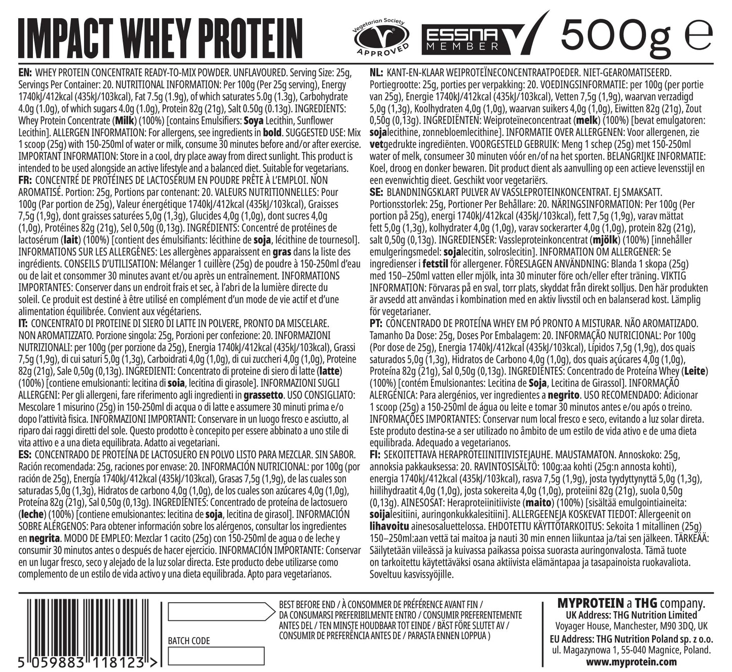 MyProtein Impact Whey Protein Powder – Unflavoured – 500g, 23g of Protein per...