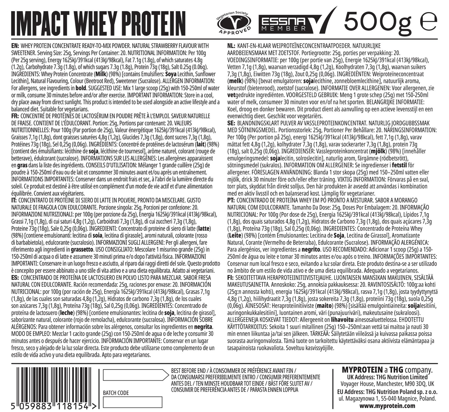 MyProtein Impact Whey Protein Powder – Natural Strawberry Flavour – 500kg, 23g of Protein per Serving, Supports Muscle Building, Recovery & Lean Muscle Maintenance - 20 Servings